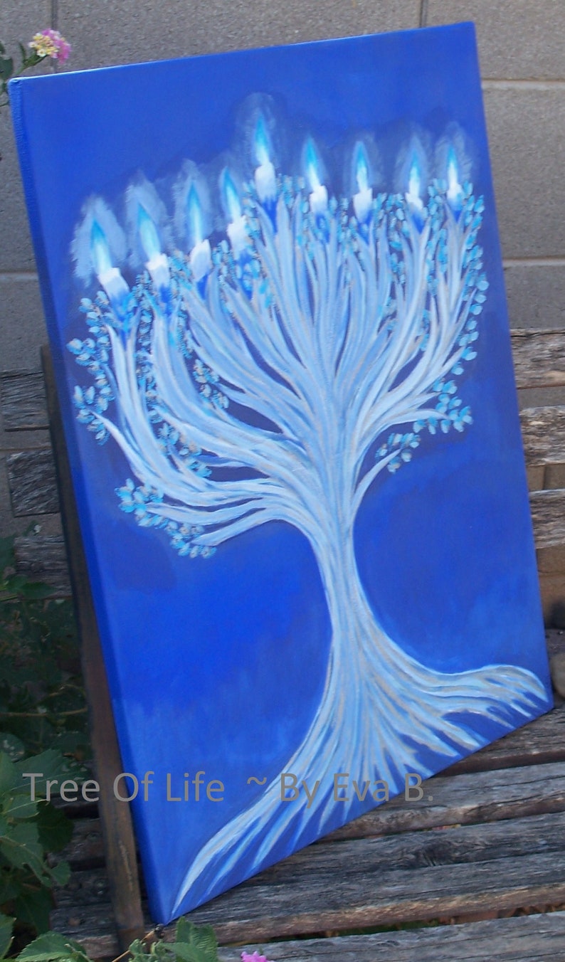 Menorah Painting Tree Of Life Painting Tree Art Blue and Etsy