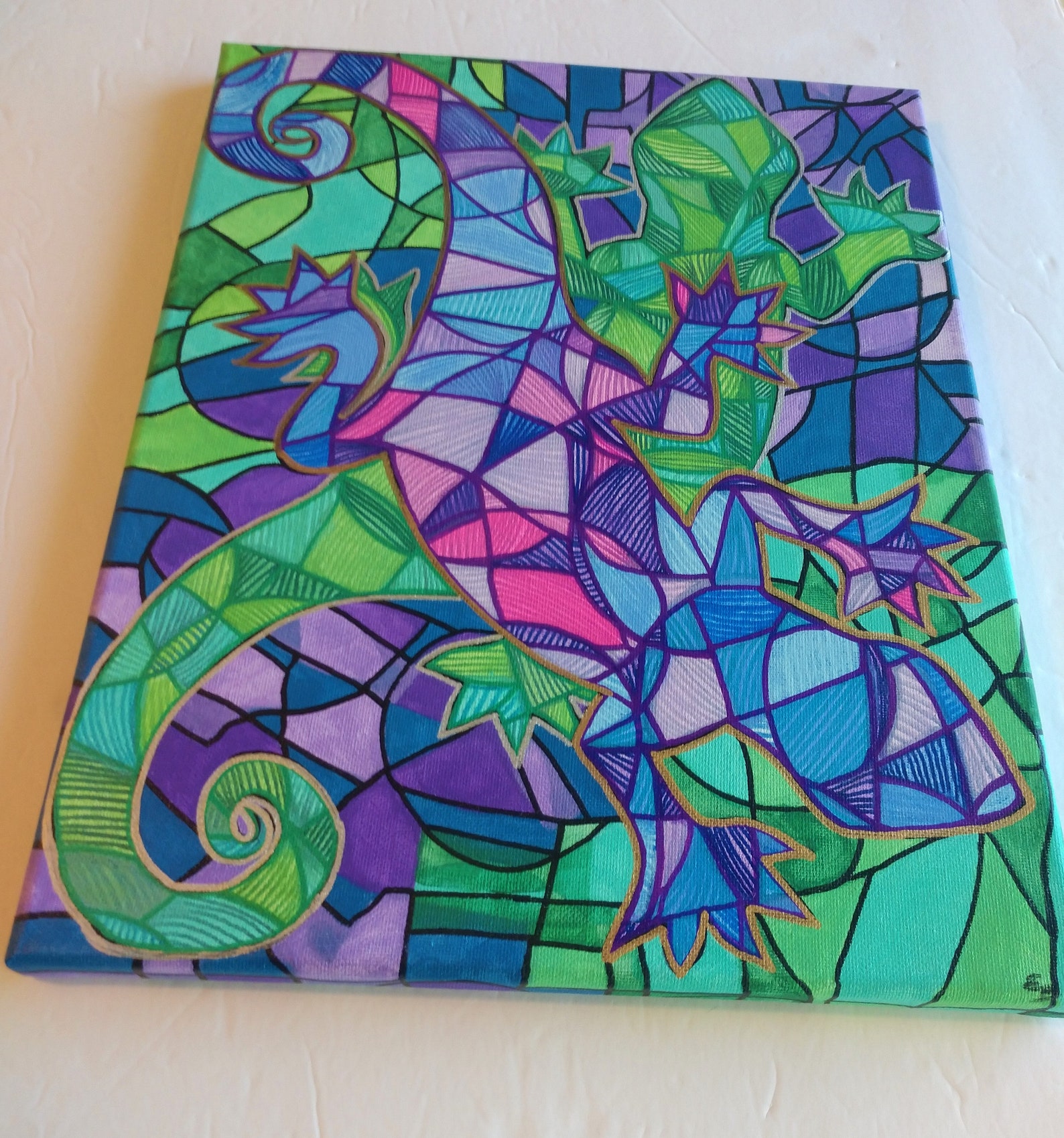 Painting of Geckos , Abstract Style Artwork of Purple and Green Geckos ...