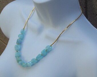 Necklace With Blue Quartz Free From Stones and Gold Plated Brass Noodle Tube Beads , Blue Quartz Bead Necklace , Beaded Gemstone Necklace