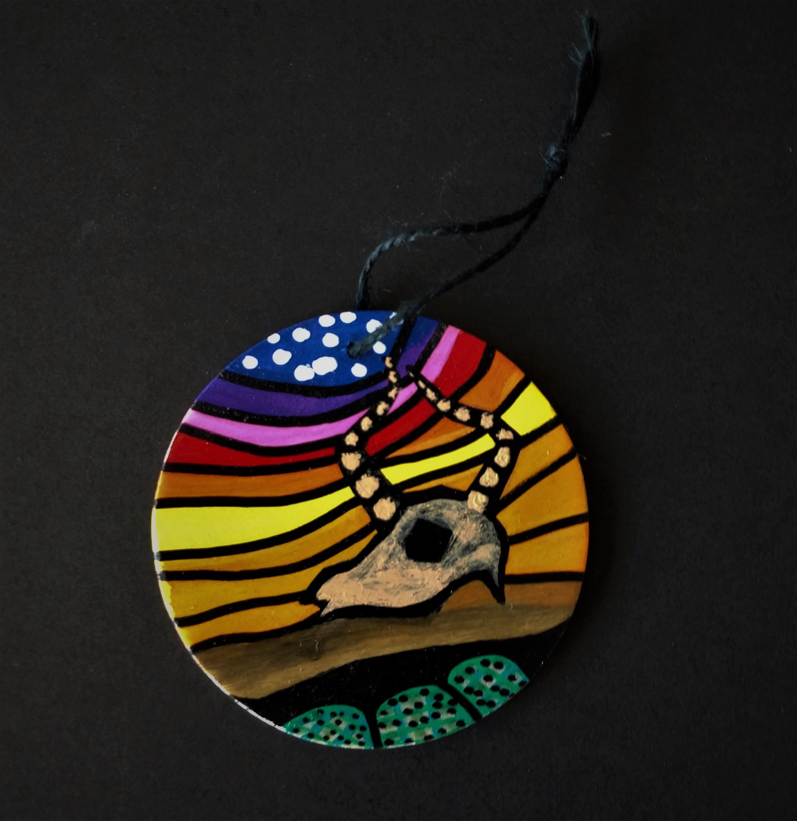 Hand Painted Cow Skull Christmas Ornament on 3x3 Wooden Disc and Black