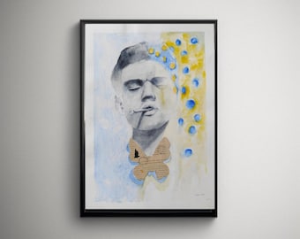 Original Expressionist Portrait Art, Cigarette Smoking Man Watercolor Wash, Melancholic Wall Art, Modern Fine Art Sketch for Studio Decor