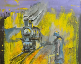 Abstract Expressionist Oil Painting, Melancholy Train Station Art, Emotional Journey Wall Decor, Original Figurative Fine Art, Yellow Purple