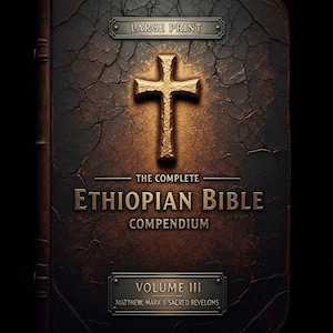 Op de afbeelding: De Complete Ethiopische Bijbel Compendium, Deel III, in grootletterdruk. De omslag is donkerbruin met een gebarsten textuur. Een gouden kruis is gecentreerd boven de titel, met gouden letters voor de titel en de volumdetails.