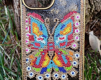 Beaded Butterfly Phone Case, Huichol Beading Art iPhone Cover, Luxury Handcrafted Miyuki Bead Custom Case, Unique Boho Gift for Her
