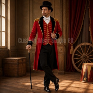 May include: A ringmaster costume featuring a red tailcoat with gold epaulets and black velvet cuffs, a red vest with gold buttons, a white shirt with a bow tie, black trousers, and a black top hat. A black cane with a gold handle is held in one hand.