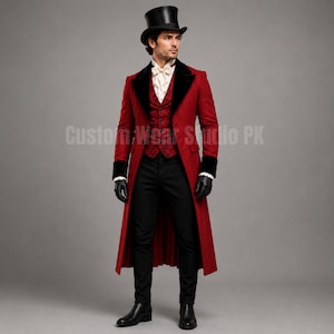 May include: A long red coat with black velvet lapels and cuffs, worn over a patterned red vest, white shirt with a cravat, black trousers, black gloves, and a black top hat. The text Custom Wear Studio PK is visible across the center of the image.