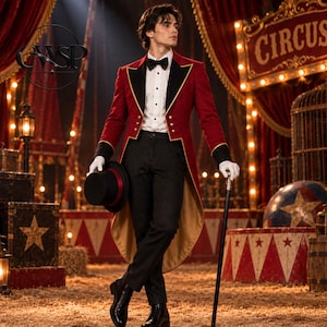 May include: A ringmaster costume featuring a red tailcoat with black lapels and gold trim, a white button-down shirt, a black bow tie, and black trousers. The ensemble includes white gloves, a black top hat with a red band, and a black walking cane.