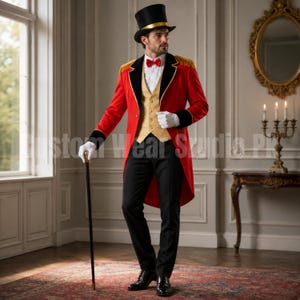 Op de afbeelding: Een circusdirecteur kostuum bestaande uit een rode pandjesjas met zwarte revers en gouden franje epauletten, een goudkleurig vest, een wit overhemd met een rode vlinderdas, een zwarte broek, witte handschoenen en een zwarte hoge hoed.
