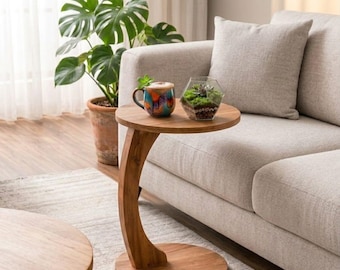 C Shaped Side Table for Sofa, Wooden Round End Table, Laptop Stand for Couch, Minimalist Under Sofa Snack Table, Small Space Furniture,