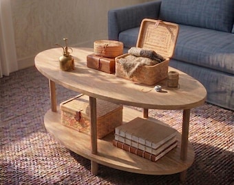 Modern Coffee Table, Solid Wood Center Table, Minimalist Living Room Furniture, Handmade Round Wooden Coffee Table, 2-Tier Center Table