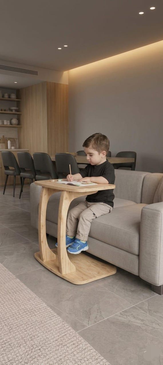 Modern C-Table, Minimalist Couch Side Table, Wheeled Workstation, Particleboard Tray