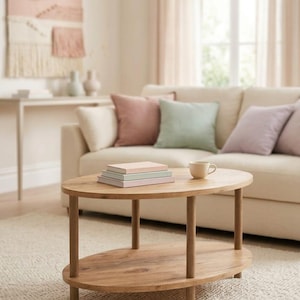 May include: An oval wooden coffee table with a lower shelf, featuring a natural light brown wood grain finish. The table has four cylindrical legs and is positioned on a textured rug, holding a stack of three books and a small ceramic mug.