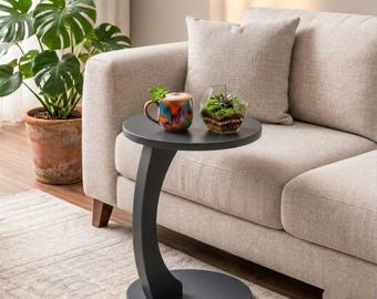 Mesita auxiliar en forma de C para sofá, mesa auxiliar redonda de madera, soporte para portátil para sofá, mesa de aperitivos minimalista para debajo del sofá, muebles para espacios pequeños
