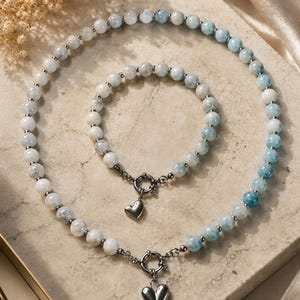 Front Clasp Heart Necklace, Matching Bracelet Set, Cloud & Sky Marble Glass Beads, Beaded Jewelry, Gift for Her