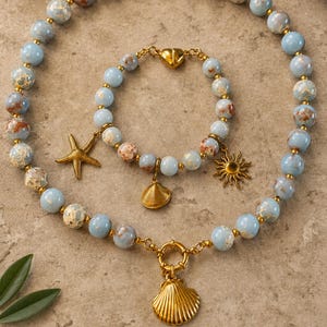 Sea Goddess Necklace & Bracelet Set, Snake Skin Agate, Shoushan Stone Jewelry, Shell or Sun Charm, Coastal Summer 2026 Gift