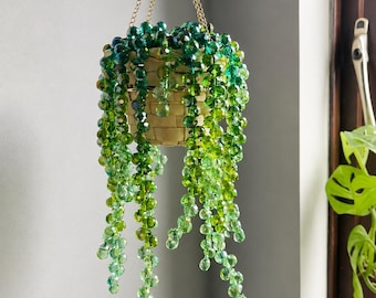 Décoration suspendue attrape-soleil en cristal perlé, succulent ornement de fenêtre à suspendre, décoration bohème, décoration végétale en perles vertes