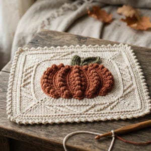 May include: A square crochet piece featuring a textured, rust-colored pumpkin with green leaves in the center, surrounded by a cream-colored border with intricate cable and bobble stitch patterns, finished with a delicate picot edge trim.