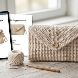 May include: A beige crochet clutch bag with a triangular flap, a single wooden button closure, and a matching wrist strap. The bag features a ribbed texture and is displayed alongside a digital tablet showing the Lunae Crochet Pochette pattern.