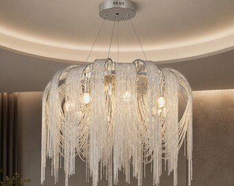Luminária de corrente prateada com toque pós-moderno para ilha de cozinha e sala de jantar, design de decoração para casa.