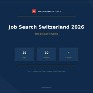 Op de afbeelding: Een donkerblauwe afbeelding met de tekst "Job Search Switzerland 2026" en "The Strategic Guide". Het bevat de Zwitserse vlag en details: 29 pagina's, 20 hoofdstukken en een checklist. Het document is gelabeld als PDF, klaar voor gebruik en technisch gecontroleerd.