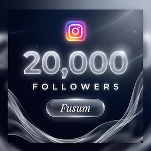 May include: Digital graphic with the Instagram logo at the top, followed by the text "20,000 FOLLOWERS" in a glowing, transparent font. A button with the name "Fusum" is at the bottom, with a dark blue background and white wisps.