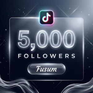 Puede incluir: Gráfico digital con el logotipo brillante de TikTok. Se muestra el número "5.000", seguido de "FOLLOWERS" y el nombre "Fusum". El fondo es oscuro con un efecto de humo, creando una estética moderna.