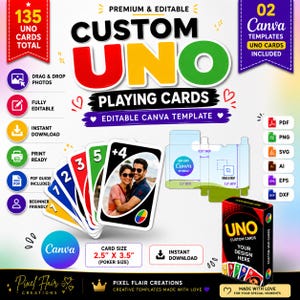 May include: A digital template for custom playing cards featuring 135 cards total and 2 Canva templates. The design includes a 2.5 inch by 3.5 inch card size, a box layout, and a sample card with a photo of two people. Text includes Custom Uno Playing Cards.