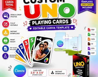 Aangepaste UNO-kaartensjabloon voor Canva (bewerkbaar) | Gepersonaliseerde speelkaarten | Printbaar kaartspel | UNO-kaarten met foto | Doossjabloon | Doe-het-zelf feestspel