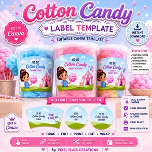 May include: A digital template for cotton candy labels featuring three clear plastic tubs filled with pink and blue cotton candy. The labels display a cartoon character, a carnival tent, and the text Cotton Candy. Includes editable Canva elements.