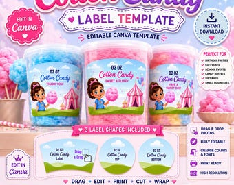 2oz Cotton Candy Label Template, Editable Canva Wrapper, Cotton Candy Tub Label, Drag & Drop Canva, Back to School Gifts, Party Favor