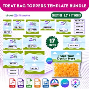 Puede incluir: Un paquete de plantillas digitales para cierres de bolsas de dulces en 17 tamaños, incluyendo hojas de 21,59 cm por 27,94 cm. El diseño incluye un cielo azul con colinas verdes, iconos de arrastrar y soltar, y una bolsa con dulces cuadrados.