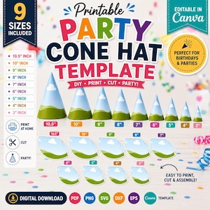 Partyhut-Vorlagen-Set, bearbeitbare Canva-Partyhut-Vorlage, druckbarer Papier-Partyhut, Kindergeburtstagshut, 9 Größen zum Selbermachen, Hut-SVG