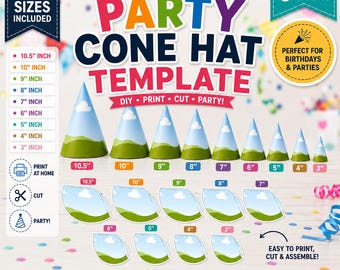 Party Cone Hat Template Bundle, Editable Canva Party Hat Template, Printable Paper Cone Hat, Kids Birthday Party Hat, 9 Sizes DIY,  Hat SVG
