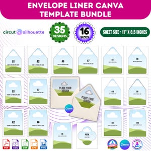 May include: An envelope liner Canva template bundle featuring 35 designs in 16 sizes, including A1, A2, A6, A7, A8, A9, A10, C5, and petal shapes. The sheet size is 11 inches by 8.5 inches. Includes icons for PDF, SVG, DXF, EPS, and PNG file formats.