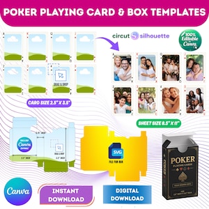 May include: A digital template for poker playing cards and a box, featuring drag-and-drop placeholders, SVG file icons, and Canva compatibility. The cards measure 2.5 inches by 3.5 inches, and the sheet size is 8.5 inches by 11 inches. Includes a black box.