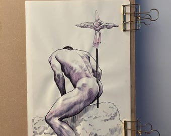 Esboço em tinta e aquarela, tamanho A4, de um homem com uma cruz.
