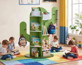 Cactus Kids Bookshelf with Hooks | 6-Tier Montessori Bookcase 39" Tall Green Wooden Storage For Nursery Playroom