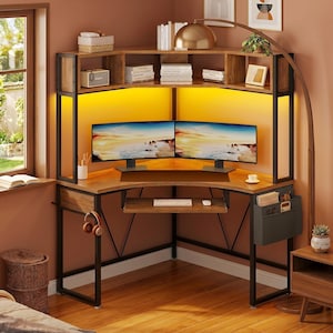 Corner Desk with Hutch, LED Lighting, Keyboard Tray, Rustic Brown Computer Desk