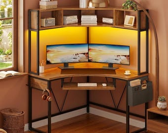 Corner Desk with Hutch, LED Lighting, Keyboard Tray, Rustic Brown Computer Desk