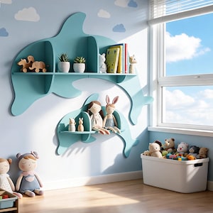 May include: Two light blue dolphin-shaped wall shelves mounted on a wall. The larger top shelf holds two potted succulents, a white figurine, and several books. The smaller bottom shelf holds two plush dolls. A white toy bin sits on the floor.