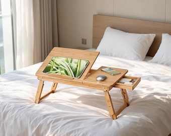 Adjustable Bamboo Bed Laptop Desk with Drawer | Folding Lap Tray for Work, Reading, Breakfast