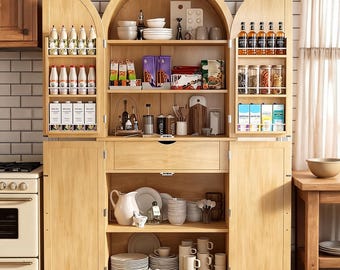 Tall Arched Kitchen Pantry Cabinet 71in Farmhouse Wood Storage with Doors Adjustable Shelves Natural Wood Dining Room Living