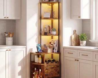 Industrial Rustic Corner Bar Cabinet with LED Lights & Power Outlet