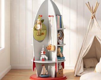 Rocket Bookshelf for Kids, 360 Rotating Toy Storage Organizer, Space-Themed Nursery Playroom