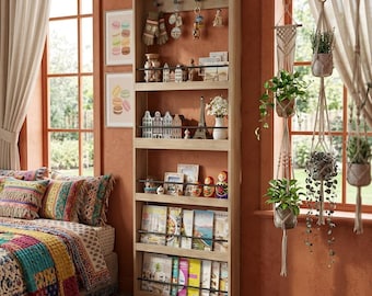 Behind The Door Organizer Tall Narrow Wall Shelf 71" Back of Door Storage Oak Magazine Rack Entryway Key Hooks Space Saving Bookshelf