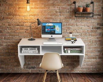 Wall Mounted Floating Desk with Shelves, Modern Space-Saving Study Table