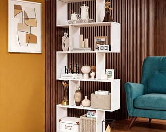 5 Tier Geometric S-Shaped Bookshelf - 62.5" White Wooden Room Divider & Modern Bookcase"