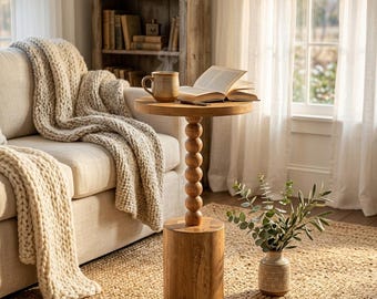 Round Pedestal End Table | Bobbin Spindle Legs, Solid Wood Farmhouse Plant Stand