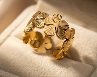 Gold Flower Ring, Stainless Steel Adjustable Band, Minimalist Wedding Jewelry