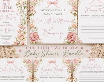 Wildflower Baby Shower Bundle Template, Baby in Bloom Invitation, Welcome Sign, Diaper Raffle, Books for Baby, Advice Card, Thank You Card